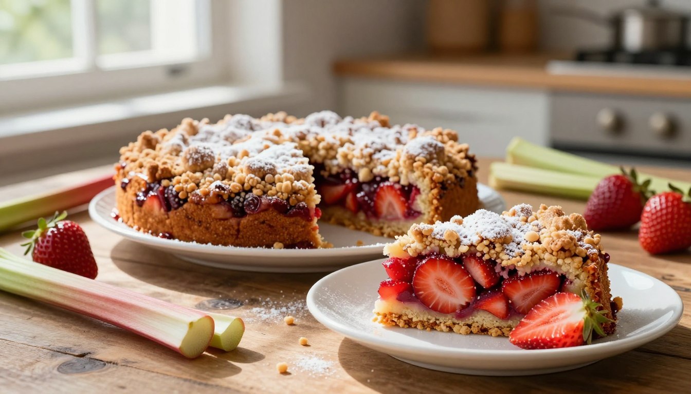 Entdecken Sie unser Rezept für Rhabarberkuchen mit Streusel! Lernen Sie Omas traditionelle Variante mit Pudding und Streuseln kennen. Saftig und unwiderstehlich!