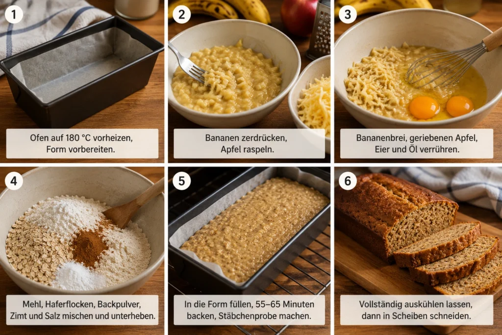 Bananenkuchen Rezept mit Schritt-für-Schritt-Anleitung: Teig vorbereiten, backen und saftigen Kuchen servieren.