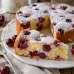Saftiger Kirschkuchen mit frischen Kirschen und Puderzucker, angeschnitten auf weißem Teller