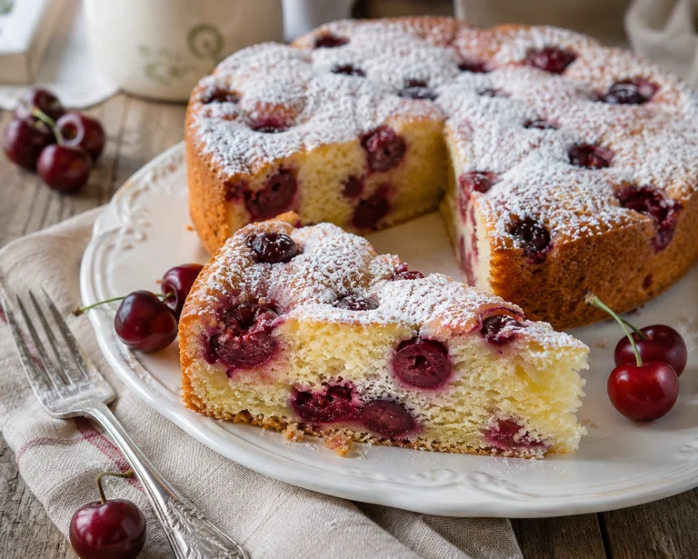 Saftiger Kirschkuchen mit frischen Kirschen und Puderzucker, angeschnitten auf weißem Teller