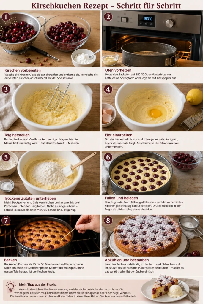 Infografik mit Schritt-für-Schritt-Anleitung für einen traditionellen deutschen Kirschkuchen. Die Bilder zeigen das Vorbereiten der Kirschen, das Anrühren des Teigs, das Backen und den fertigen Kuchen mit Puderzucker.