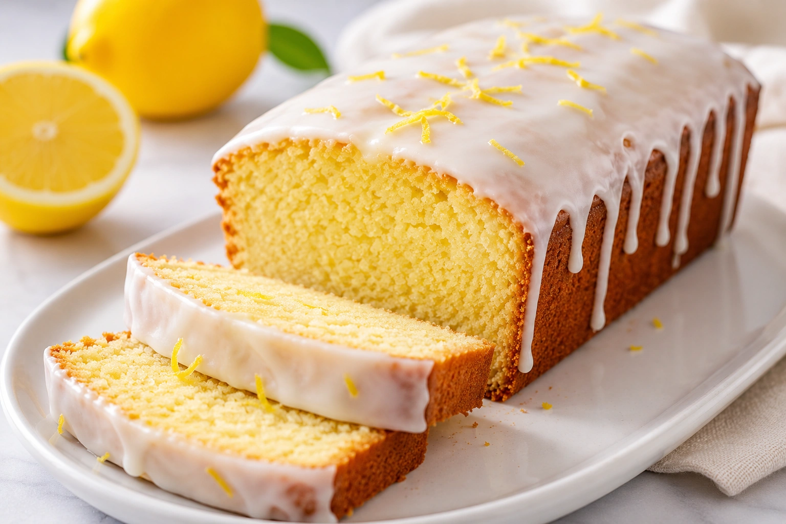 Saftiger veganer Zitronenkuchen mit weißem Zuckerguss und frischer Zitronenschale auf einem Teller