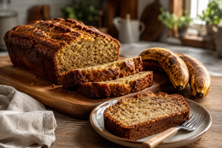 Saftiger selbstgemachter Bananenkuchen aufgeschnitten auf einem Holzbrett mit reifen Bananen daneben
